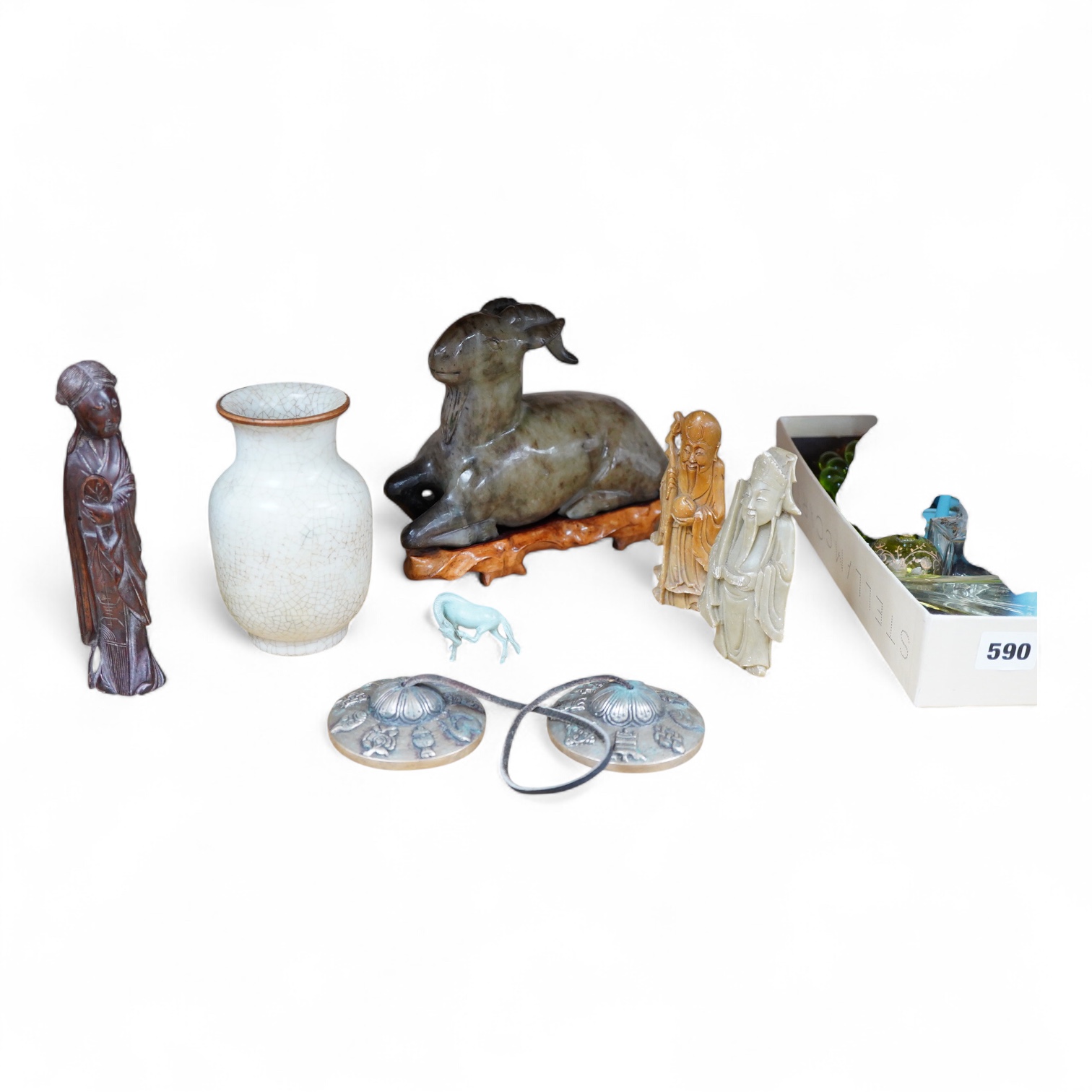 A group of Chinese collectables to include a soapstone carving of a ram, crackle glaze vase and figures of elders, largest 23cm wide